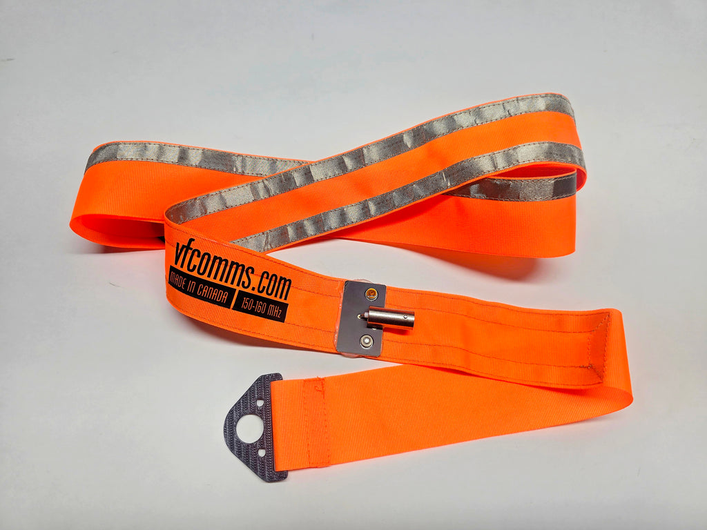 Orange Fara-J Rescue Band VHF (148–160 MHz). Lightweight and foldable for easy use. Full view of back.